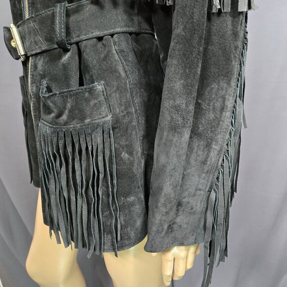 Vintage 90s Black Fringed Seuede Leather Jacket Belted Size M Boho Western Biker - Picture 7 of 12
